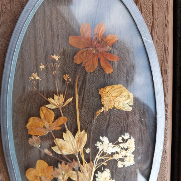 Vintage Dried Pressed Flowers Wall Art Oval Glass Framed - Picture 3 of 13